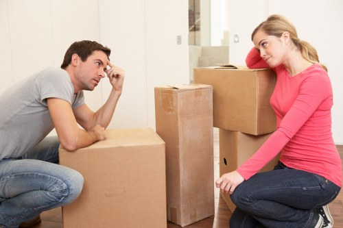 Packed office furniture and equipment ready for relocation in Richmond